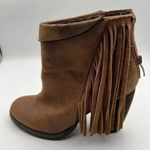 Altar’d State Womens 9 Tan Fringe Ankle High Block Heel Bootie Western Cowgirl